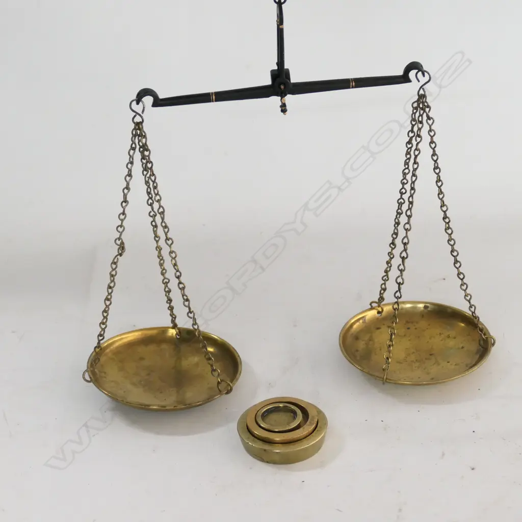 OAK CASED STEEL BEAM BALANCE w BRASS PANS (MARKED ROYAL, HIS MAJESTY'S LETTERS PATENT) w 3 BRASS WEIGHTS Image 1++